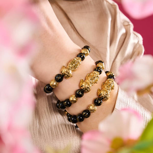 Pixiu Feng Shui Armband | Kohlenstoffelement | Schwarzer Achat x 18 Karat Gold